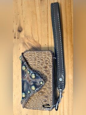 Double J Saddlery iPhone Case Brown Croc Leather Wristlet with Stud Detail